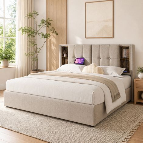 Cama doble 160x200 cm de tela con almacenaje, carga inalámbrica, USB y USB-C-FLORAGRACE (1/5)