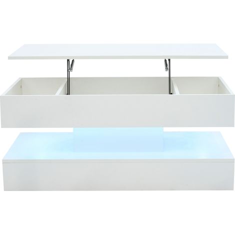 Table basse moderne blanche avec éclairage LED, rangement caché et plateau réglable en hauteur 100x50x42 cm (1/5)