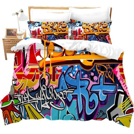Bettwäsche Set Graffiti 135x200 cm Microfaser mit Reißverschluss und Kissenbezug 80x80 cm
