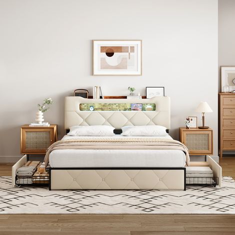 Bett 140x200 cm mit 4 Schubladen, USB-Ladung & LED-Beleuchtung - inkl. Lattenrost, Samt-Optik, beige
