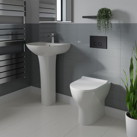 Wholesale Domestic Bailey 550mm Full Pedestal Basin and Back to Wall Toilet Suite with High In Wall Concealed Cistern and Black Flush Plate (1/5)