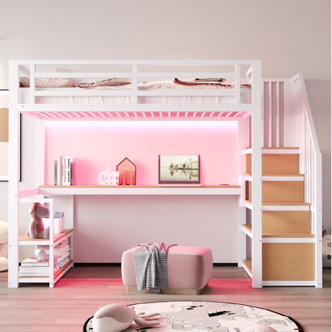 Cama alta 90x200 con escritorio y estantes blanco DESVIAE (1/5)