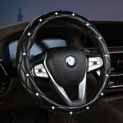 Husa volan auto, 38cm, piele artificiala, design cu diamante, neagra (1/4)