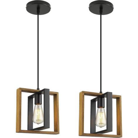 Lot de 2 lampes suspendues européennes 1 lumière, noir + bois, sans ampoule, design moderne minimaliste carré en bois et métal, pour salle à manger, îlot de cuisine, culot E27 (1/5)