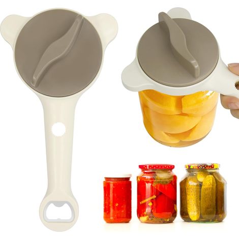 Ouvre-boîte 4-en-1 seniors, inox, manche long, couvercles 2,5-9 cm, décapsuleur tire-bouchon, ergonomique (1/5)