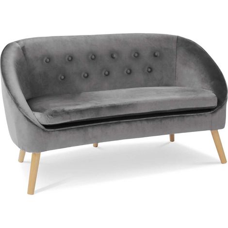 Idmarket – Canapé banquette SONIA 2 places en velours gris – Design rétro chic – Structure en bois scandinave – Confort moelleux et dossier capitonné (1/4)