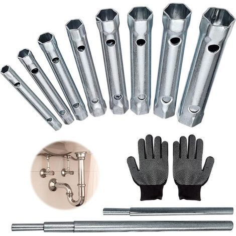 Set mit 10 Rohrsteckschlüsseln, Steckschlüsseln und einem Paar schwarzer Handschuhe zur Installation und Reparatur von Fallrohren, Waschbecken und Wasserhähnen (10) (1/5)