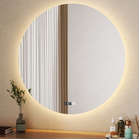 Rund Badspiegel mit Beleuchtung Uhr 60 x 60 cm LED Spiegel Rund mit Beleuchtung Badezimmerspiegel mit Touch Schalter Speicherfunktion 3 Lichtfarben Dimmbar Lichtspiegel Wandspiegel Rund (1/5)
