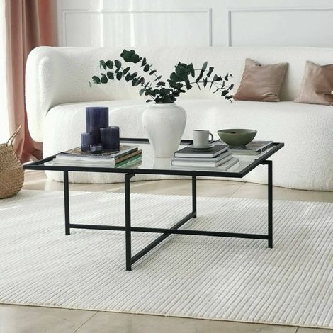 Dmora - Mesa de café Dabih, Mesa de centro baja, Revistero para sofá, Estante de la sala de estar, 85x85h35 cm, Negro, con embalaje reforzado (1/5)