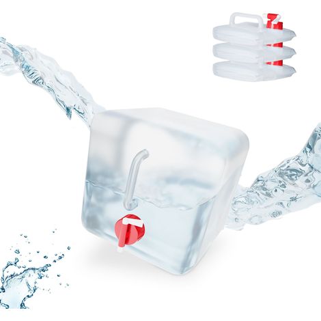 Relaxdays Folding Water Canister Set of 4, Faucet, Screw Cap, Handle, Camping Container, BPA-Free, 5L, Clear/Red
