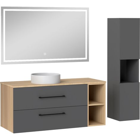 Océan Ensemble Meuble Salle de Bain 120cm avec Lavabo, miroir led + colonne 131.5cm, anthracite + chêne (1/5)