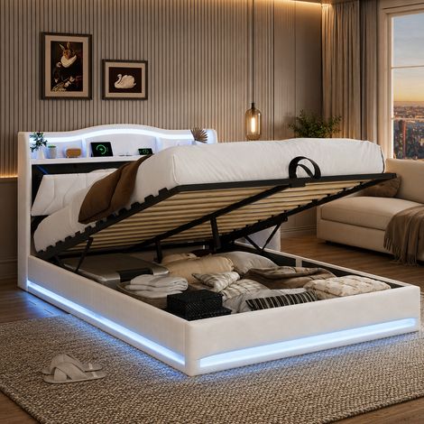 Lit Coffre 160x200 cm avec Éclairage LED et Port USB, Lit 2 Personnes avec Rangement Hydraulique, compartiment de rangement, lit Double Rembourré pour Adultes et Adolescents, Velours,Beige (1/5)