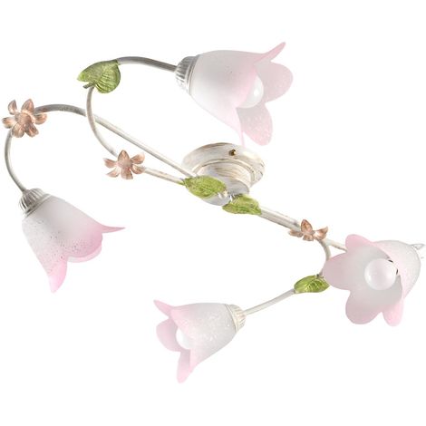 plafonnier 4 lumières en métal blanc et or décoré avec feuilles vertes et fleurs Rose (1/5)