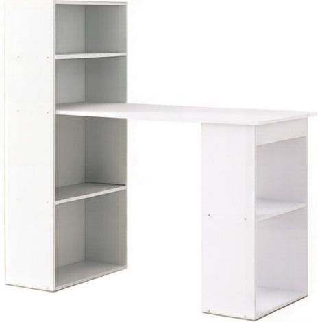 Bureau Droit avec Bibliothèque Intégrée, 3 Niches et 2 Étagères Ouvertes, pour Bureau à Domicile, Blanc, 120x55x120 cm (1/5)