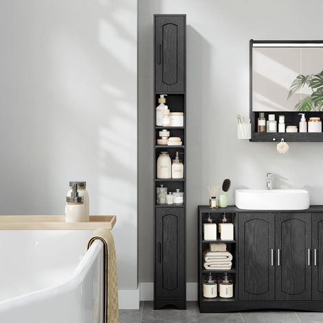 Meuble de Salle de Bain Étroit, Meuble de Rangement avec Compartiment Ouverts et 2 Portes, Étagères Réglables, pour Salle de Bain, Salon, Chambre, Noir (1/5)