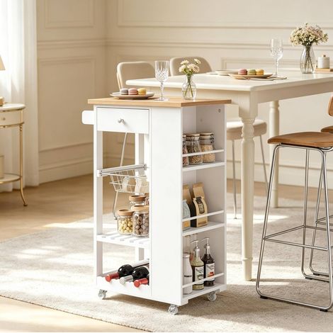 Carrello da cucina 56.5x37x87 cm, con cassetto e portabottiglie, scaffale laterale a 3 livelli, bambù MDF e metallo bianco (1/4)