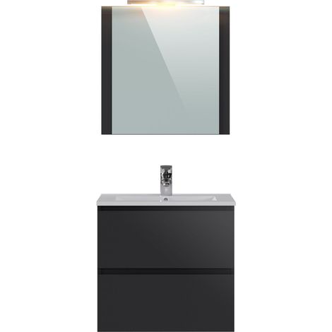 Meuble de salle de bain en mélamine coloris gris brillant - Longueur 60 x profondeur 45 x Hauteur 85 cm -PEGANE- (1/3)