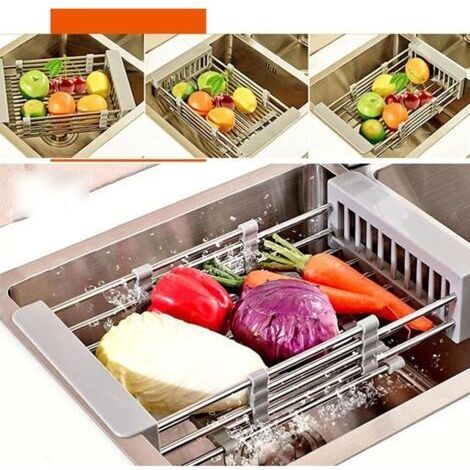 NALOOKAMIC Vtizikl Cabilock Égouttoir à vaisselle en acier inoxydable Panier de vidange télescopique Passoire de cuisine Passoire Bol de lavage Panier à fruits et légumes pour évier de cuisine