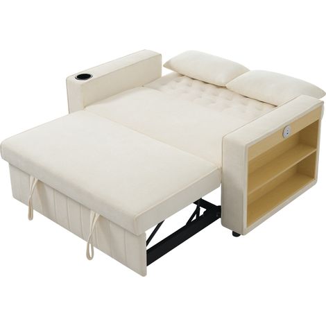 Canapé-lit multifonction beige en chenille avec rangements, porte-boissons et ports USB, 2 places (1/5)