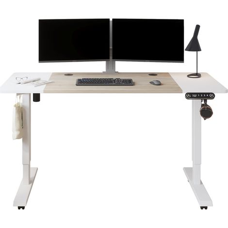 140x60cm Bureau Assis-Debout Réglable en Hauteur Électrique Structure en Acier, 69-115cm Avec 4 Claviers à Mémoire Automatique,Chêne/Blanc