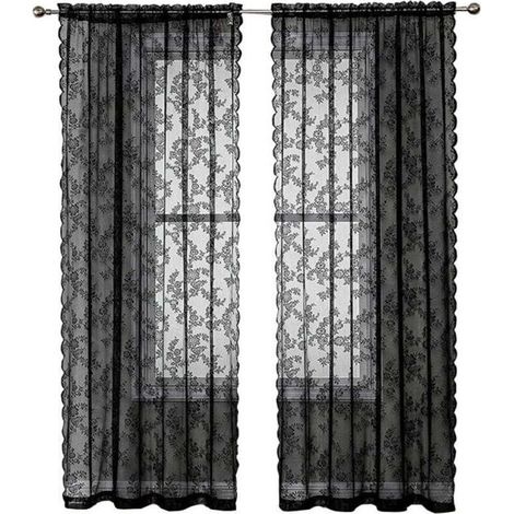 2 panneaux rideaux en dentelle, motif floral rustique, 102x213 cm, voile noir semi-transparent, intimité discrète, salon chambre