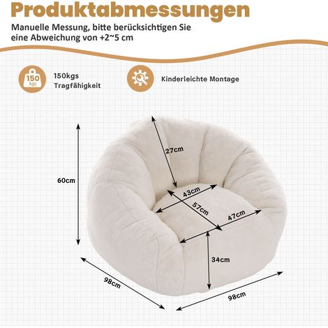 Sitzsack-Sessel für Erwachsene und Kinder 98 x 98 x 60 cm, Schaumstofffüllung, Creme, OKMYHOME (1/5)