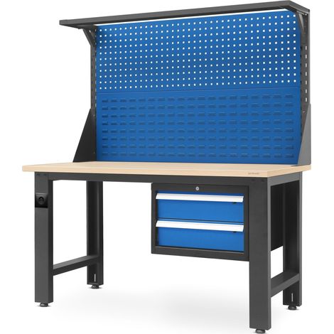 Werkbank mit Werkzeuglochwand Werktisch mit 2 Schubladenc Steckdose Metall MDF Tischplatte Belastbar bis 600 kg Pulverbeschichtung 170 cm x 150 cm x 75 cm (Anthrazit-Blau)