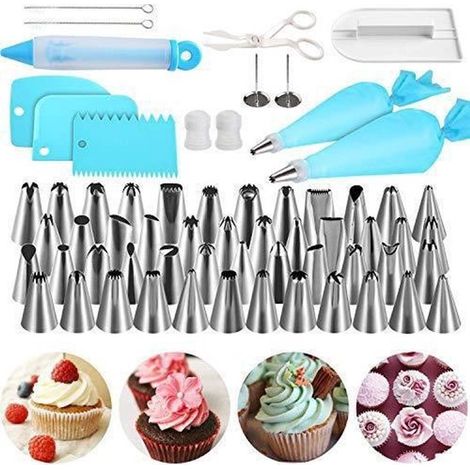 Set di 62 beccucci per decorare in acciaio inox con sac à poche, raschietto e accessori per la pulizia, ideali per cupcake, biscotti e decorazioni con crema - Argento (1/5)
