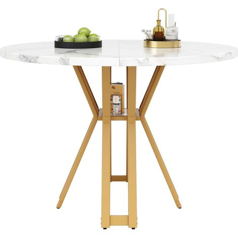 Mesa de Comedor Redonda en MDF y Metal con Motivo Marmoleado, Patas Doradas Ajustables - 100×100×76 cm, Blanco y Dorado (1/5)