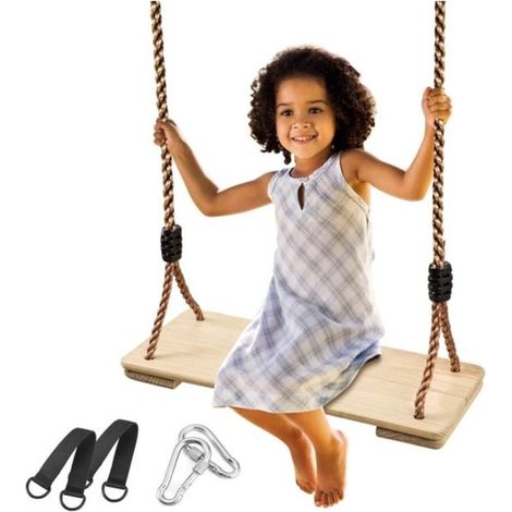 Mecedora de madera anticorrosión con mosquetón de acero inoxidable y cuerda de cáñamo，asiento de columpio de madera para uso interior y exterior (1/5)