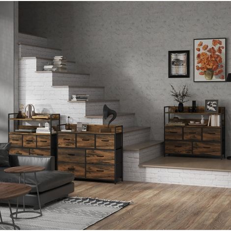 Cómoda de 7 cajones de tela (98x29x85 cm), con estante superior, estructura de acero, poliéster marrón (1/5)