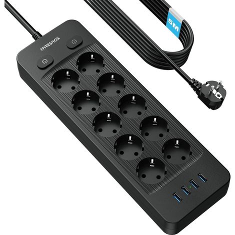 Multiprise 10 Prises avec 4 USB Ports,5M Câble (16A/3680W) Bloc Multiprise Parafoudre et Surtension, Multiprise avec Interrupteur, Prise Multiple pour Maison Bureau, Noir (1/5)