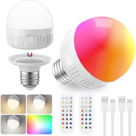 Wiederaufladbare Glühbirnen mit Fernbedienung – 8 W E26, dimmbar, 3 Farbtemperatureinstellungen, 15 RGB-Farben, magnetische Fassung für kabellose Nutzung, 2 Stück (1/5)