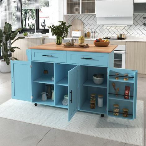Desserte de cuisine 129 x 46/71 x 91,5 cm, plateau rabattable, roulettes, bleu