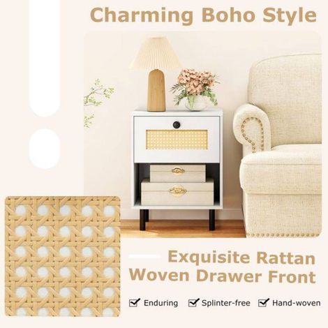 1 table de chevet boho avec tiroir, rangement chambre, niche ouverte et pieds métal, 40x30x52 cm (1/5)