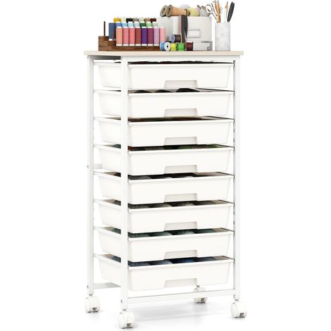 COSTWAY Chariot de Rangement à Roulettes, 8 Tiroirs,Blanc (1/5)