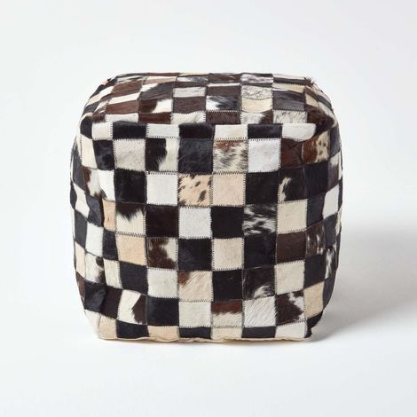 HOMESCAPES Pouf carré en cuir motifs à carreaux marron 35 x 35 cm (1/5)