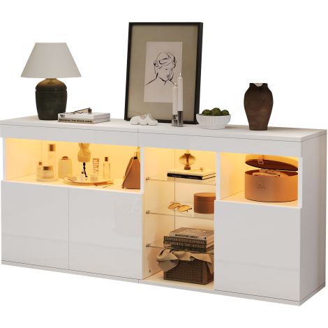 Buffet haut brillant 155,5x35x72 cm - avec éclairage LED - 3 portes et 3 étagères en verre - Blanc (1/5)