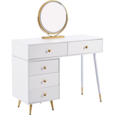 Coiffeuse blanche avec miroir LED réglable et armoire latérale modulable, 100x78x40 cm (1/5)