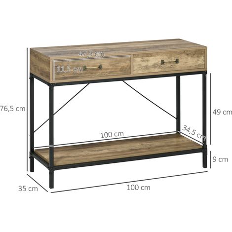 Console HOMCOM, table d'entrée avec étagère et 2 tiroirs, 100 x 35 x 76,5 cm, table d'appoint, table de canapé, table de présentation pour petits espaces, entrée, couloir, salon, marron et noir (1/5)