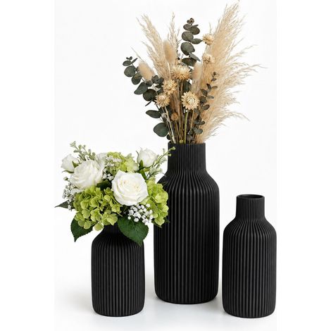 Relaxdays Vase Set of 3 – Flower Vases, 3 Sizes, Fresh & Dried Flowers, Ceramic Table Decor, Black (1/5)