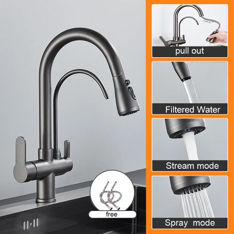 Robinet de cuisine à eau pure noir mat (gris argenté) à double poignée, mitigeur extractible pour eau chaude et froide (1/5)