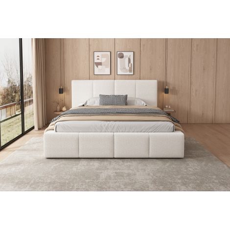 Lit double 180 x 200 cm - Cadre de lit avec tête de lit - En velours beige - Sans matelas (1/5)