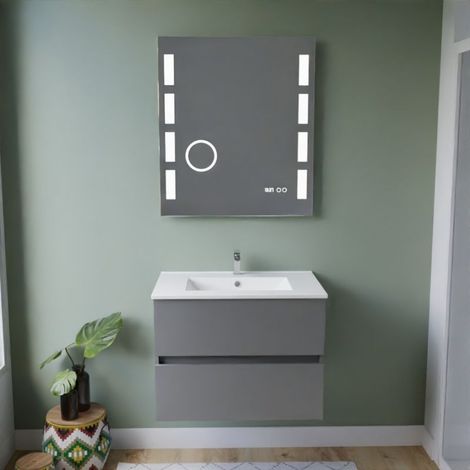 Meuble vasque ROSALY INOX 70 cm + miroir Excellence- Gris- Plan vasque en Céramique