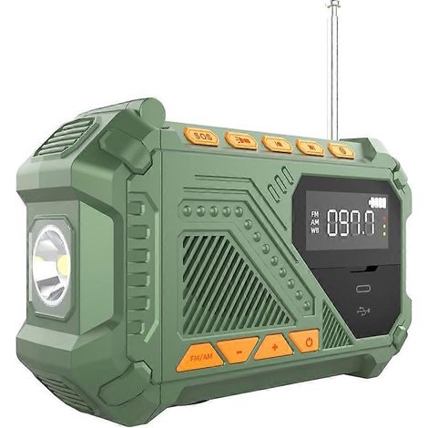 Radio d'urgence à manivelle portable avec alarme SOS, lampe torche LED, radio AM/FM/WB pour l'intérieur et l'extérieur (vert) (1/5)