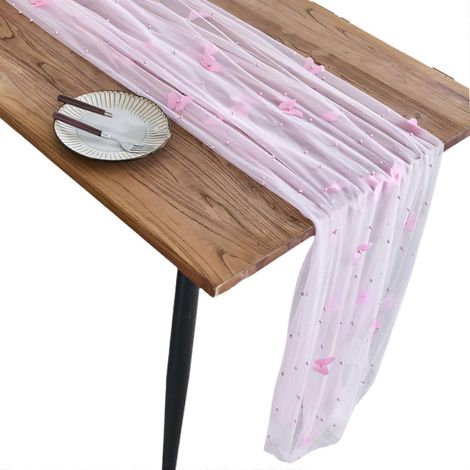 Chemin de table en tulle transparent rose, orné de perles et de papillons 3D, idéal pour les mariages (75 x 180 cm). (1/5)