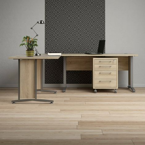 Dmora - Escritorio Myriam, Escritorio multiusos, Mesa de oficina para PC, El plan de trabajo, 230x200 h75 cm, Gris y Roble (1/5)