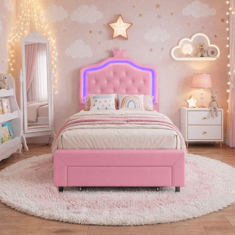 Lit Fille 90x200, Lit 1 Place Enfant avec Sommier à Lattes, Lit princesse 90x200cm, Tête de lit & LED réglables, 1 tiroir de rangement, PU, Rose (1/5)