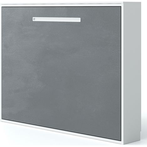 Lit escamotable horizontal MOLANE – Armoire lit avec sommier à lattes intégré Sans matelas Chêne gris-160x200-Cadre Chêne gris-Façade Blanche (1/5)