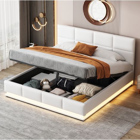 Lit coffre 160x200 cm LED avec coffre de rangement et sommier à lattes, tête de lit réglable, blanc (1/5)